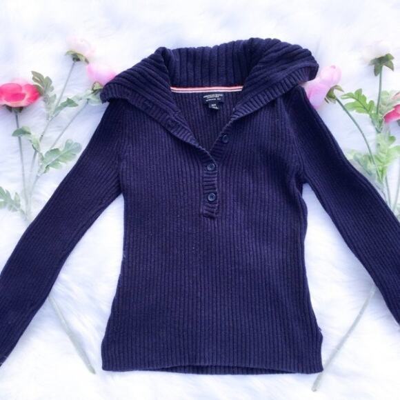 American Eagle Outfitters Dark Blue Ribbed Sweater Medium Long Sleeve Cotton M - Picture 1 of 7